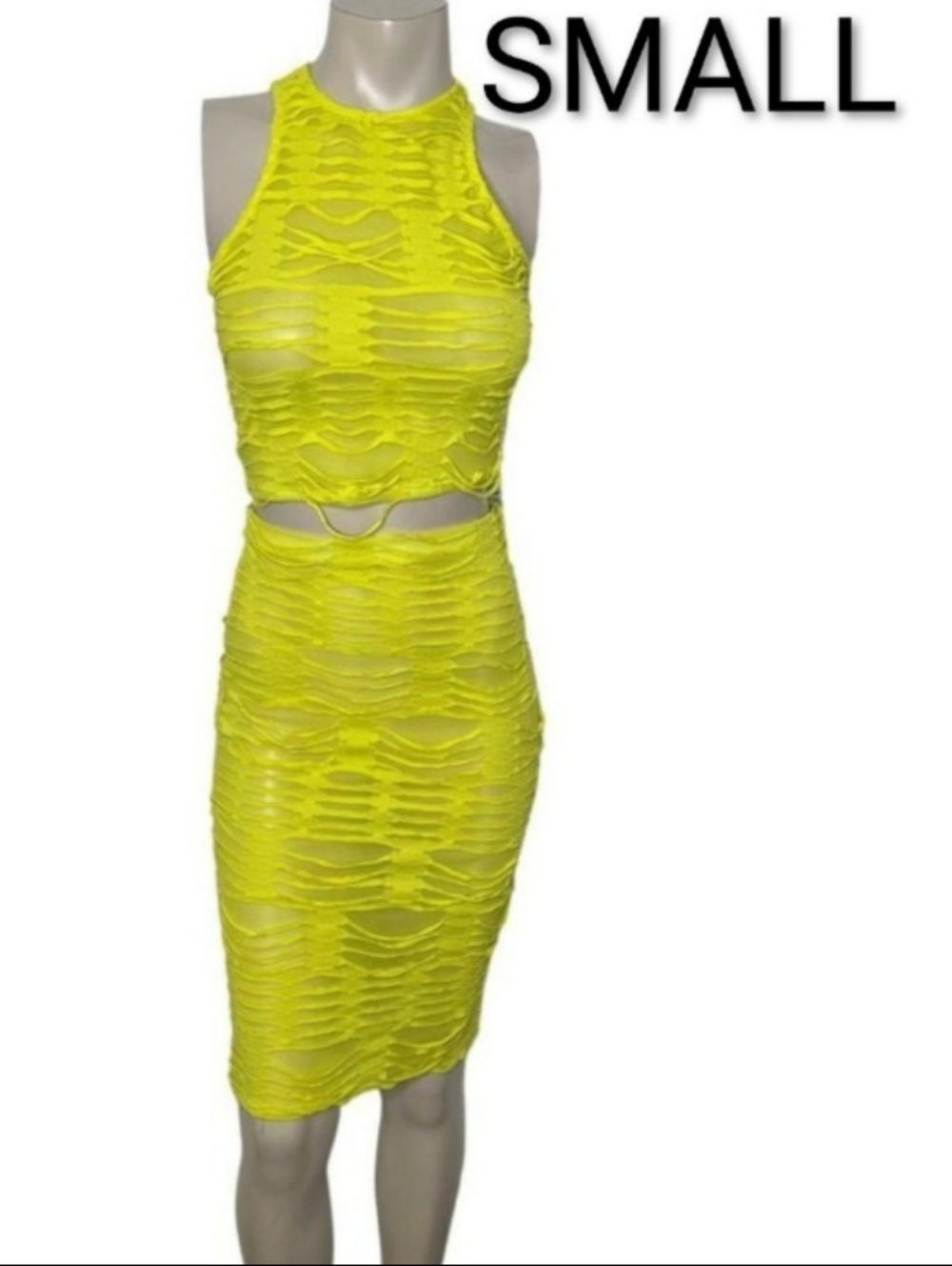 🆕Neon Yellow Lime Mesh Distressed Textured Layered Top & Skirt 2 PC Set~Size S